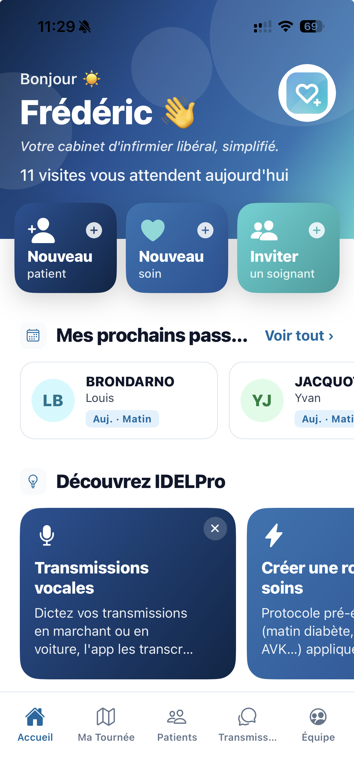 Application IDELPro — écran d'accueil
