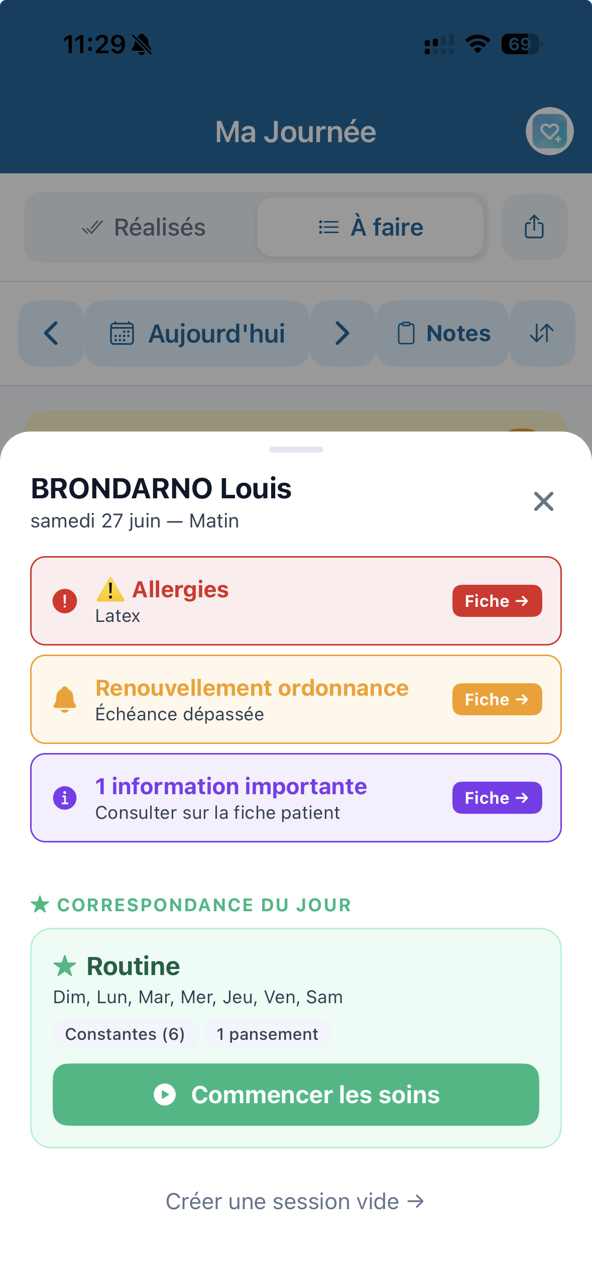 Application IDELPro — modal patient avec alertes