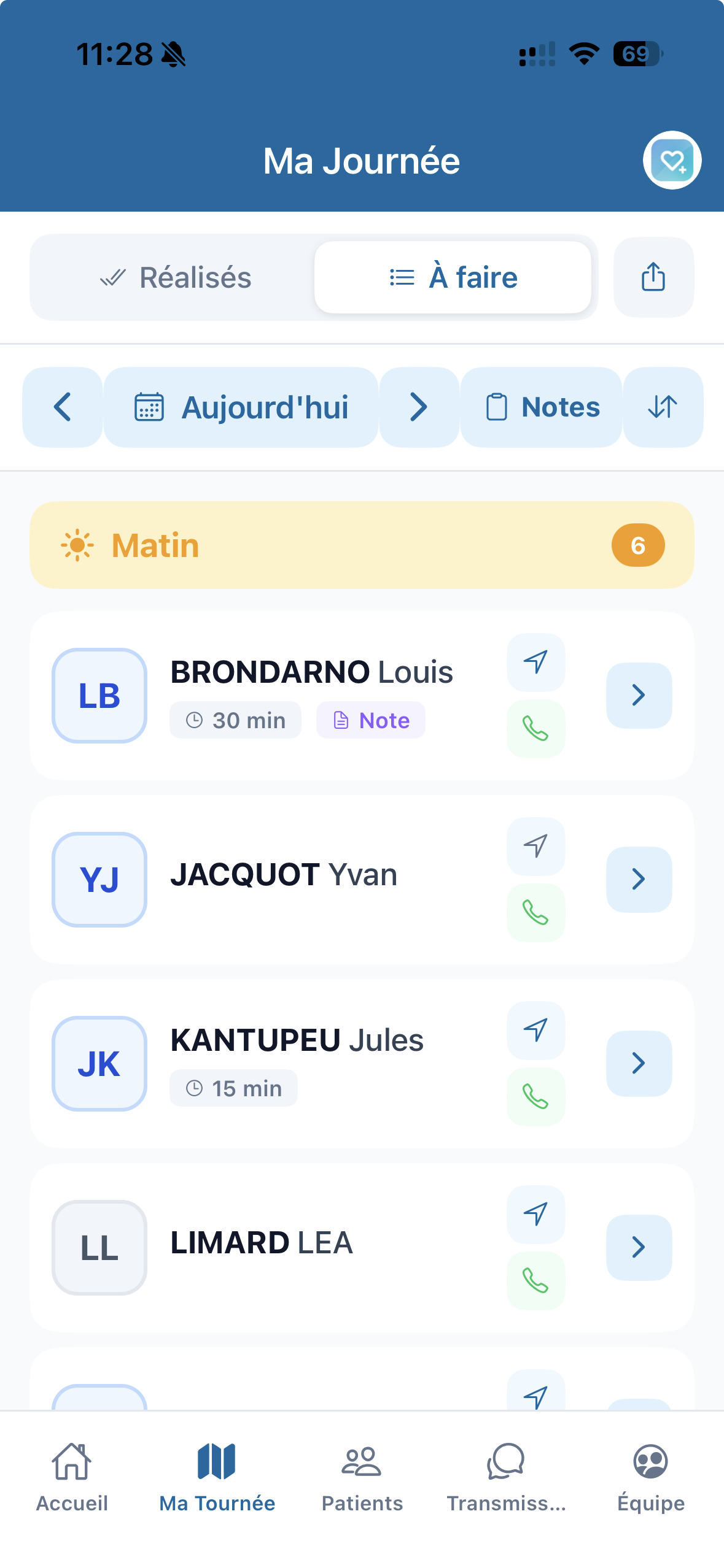 Application IDELPro — écran Ma Journée / tournée