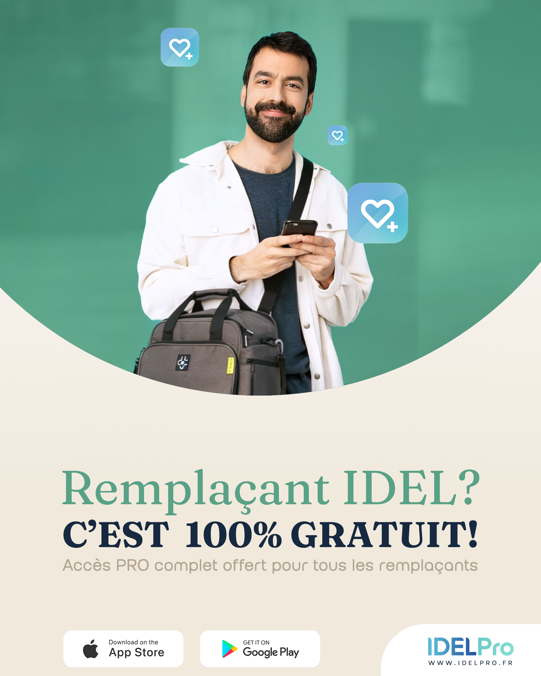 Remplaçant IDEL avec sa sacoche médicale et son smartphone — IDELPro 100% gratuit pour les remplaçants